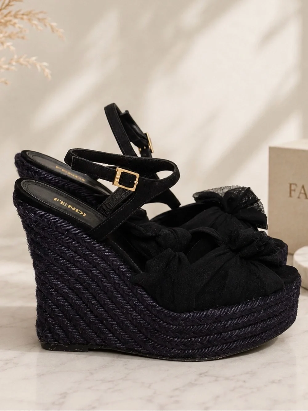FENDI High Wedge Heels Sandals Black Textile Platform Pumps Sz EU 37.5 US 7.5